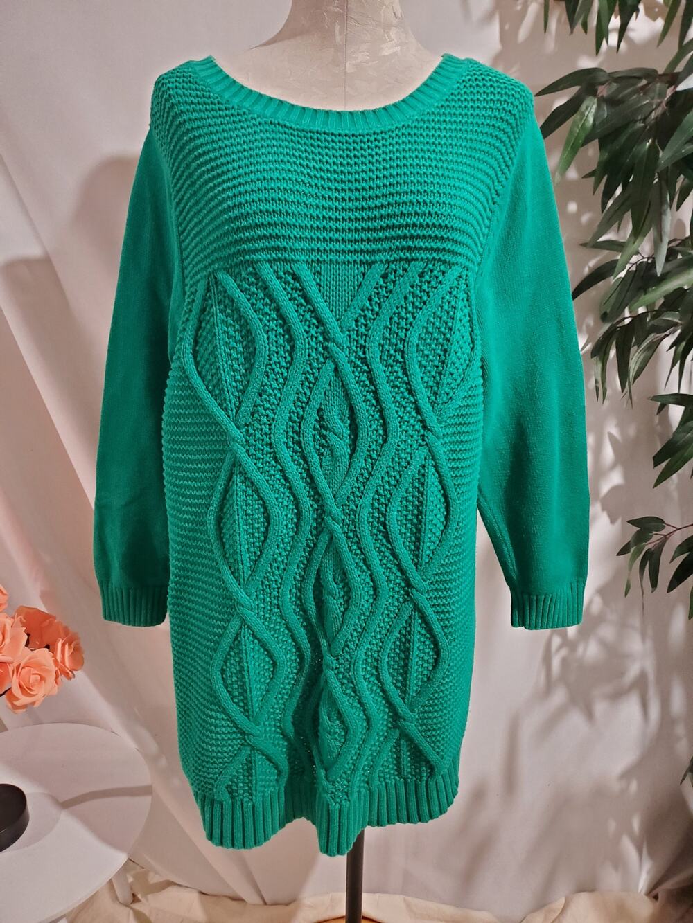 Lands End Womens Drifter Chunky Cable Knit Sweater Size 2X 20-22W Green Cotton